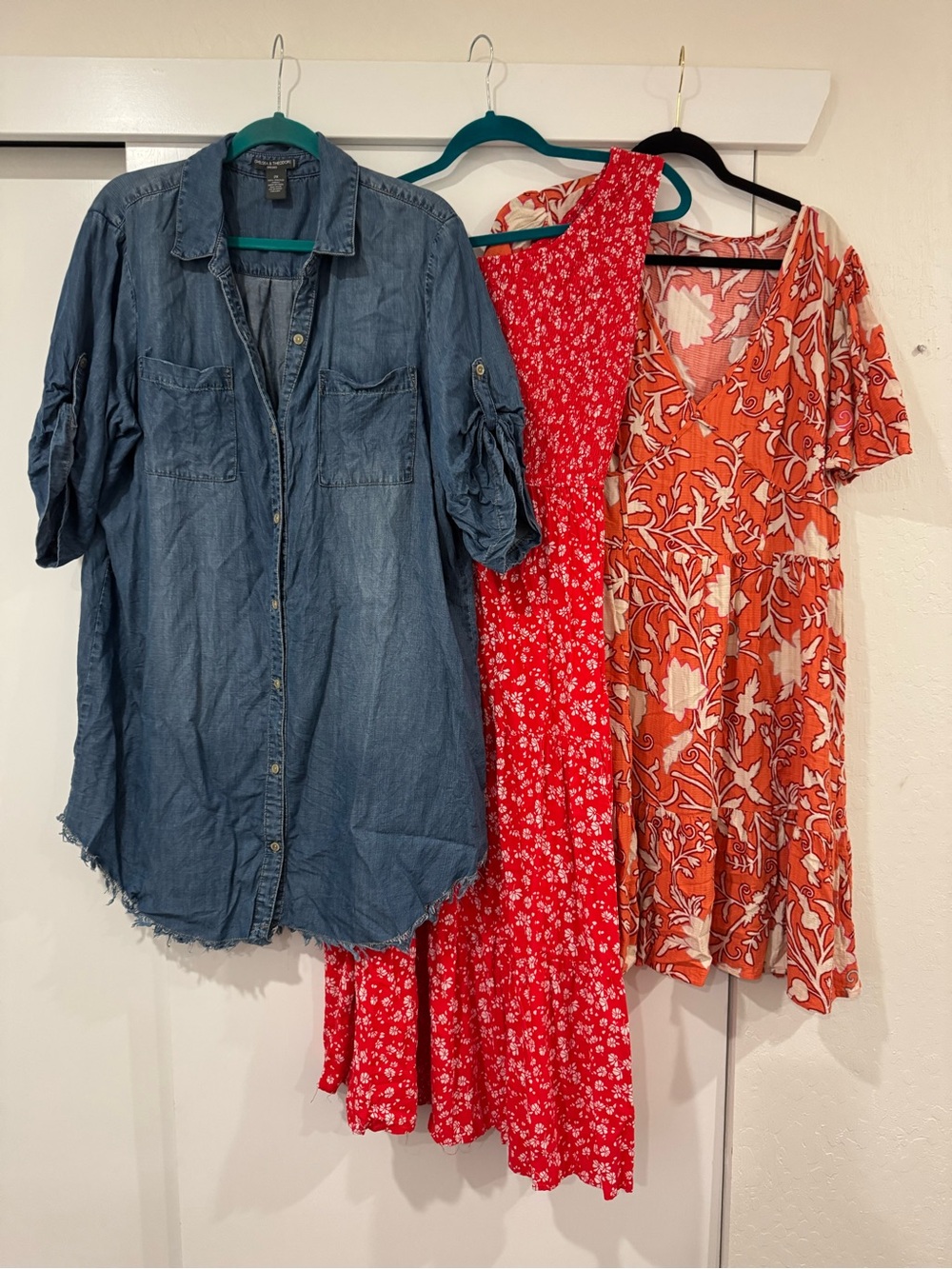 Denim Button-Down Shirt & Two Floral Dresses - Blue, Red, Orange